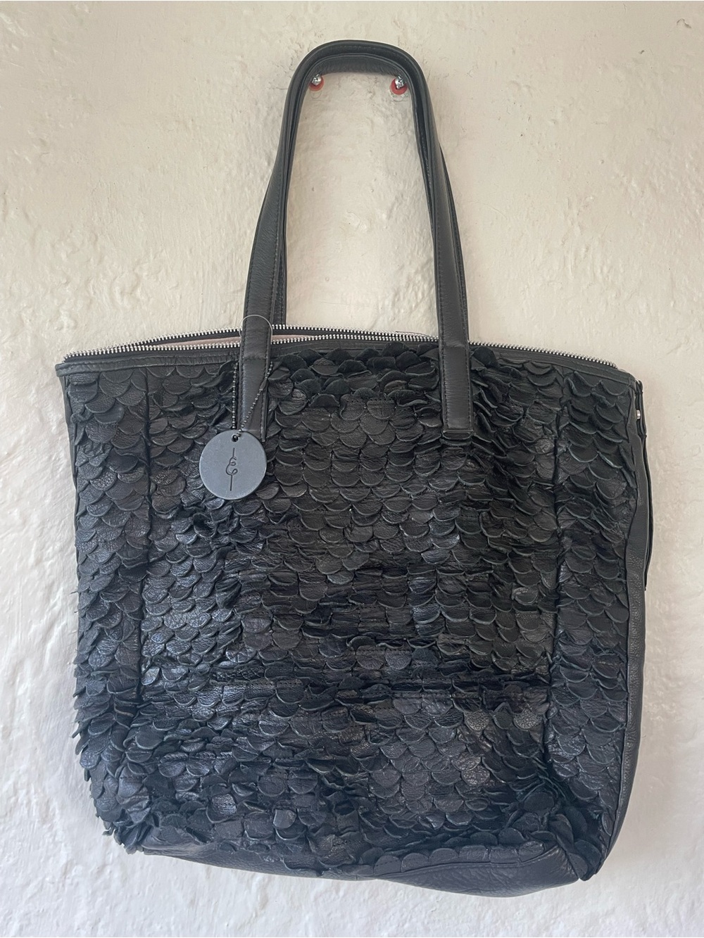 Day & Mood Jamie Tote Bag Purse Genuine Leather Scalloped Black 14" x 14"